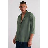 WOVCOR Men's Relaxed Fit Textured Button-Up Shirt with Open Collar in Khaki | Size: Medium