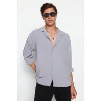 WOVCOR Men's Relaxed Fit Textured Button-Up Shirt with Open Collar in Light Grey | Size: XS