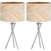 First Choice Lighting Set of 2 Tropica - Chrome Tripod Lamps with Champagne & Gold Shades in Silver