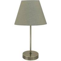 First Choice Lighting Antique Brass Stick Table Lamp with Sage Green Fabric Shade in Bronze