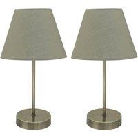 First Choice Lighting Set of 2 Antique Brass Stick Table Lamps with Sage Green Fabric Shades in Bronze