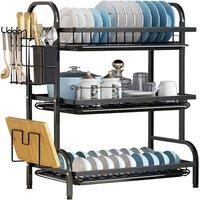 ATEK Dish Drainer Rack, Modern Design Drip Tray Plate, Cutlery, Pots Drying Rack for Kitchen Removable Wooden Handle Dish Drying in Black