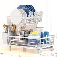 ATEK 2 Tier Dish Drying Rack Drainer, Anti Rust Kitchen Dish Drainer with Utensil, Cutlery Glass Holders Rotatable Drain Pipe Metal in Off-White