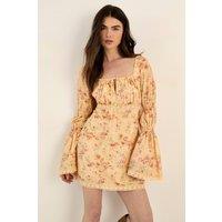 NastyGal Women's Cotton Voile Lace Trim Tie Front Puff Sleeve Mini Dress in Lemon | Size: 12