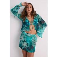 NastyGal Women's Floral Tie Dye Tie Front Beach Top in Teal | Size: 12