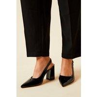 Dorothy Perkins Women's Wide Fit Ellens Faux Patent Leather Pointed High Block Heel Slingback Court Shoes in True Black | Size: 4
