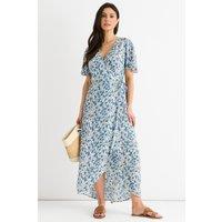 Gini London Women's Blue Floral Wrap Midi Dress in White | Size: 14
