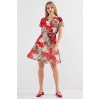 Big Dart Women's Floral V-Neck Belted Mini Tea Dress in Red | Size: Medium