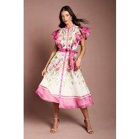 Coast Women's Ruffle Shoulder Floral Midi Dress in Pink | Size: 16