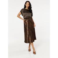 Liquorish Women's Leopard Print Satin Midi Skirt in Brown | Size: Medium/Large