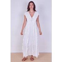 ELAINA FASHION Women's Boho Ruffle Detail Maxi Dress with Tie Neck in Off-White