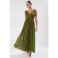 WOVCOR Women's Flowy V Neck Maxi Evening Dress with Gathered Waist Detail in Olive | Size: 10