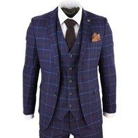 Paul Andrew Men's Kenneth 3 Piece Blue Suit Tweed Check in Navy | Size: 34R