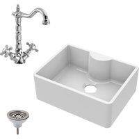 Balterley Fireclay Kitchen Butler Sink, Waste & French Tap, 595mm - Chrome in Silver