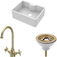 Balterley Fireclay 1 Bowl Butler Sink Tap Ledge Waste Tap Brushed Brass 595mm in White