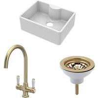 Balterley Fireclay 1 Bowl Butler Sink Waste Tap Brushed Brass 595mm in White
