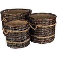 Red Hamper Set of 3 Round Hessian Lined Heritage Rope Lined Log Basket in Brown