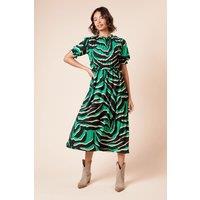 Dorothy Perkins Women's Puff Sleeve Zebra Shirred Bodice Peplum Midi Dress | Size: 14