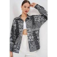 Big Dart Women's Oversized Paisley Print Button-Up Shirt in Charcoal | Size: XL