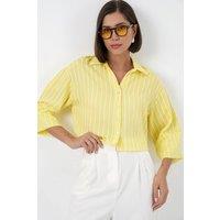 Big Dart Women's Oversized Striped Cropped Shirt with Button Closure in Lemon | Size: XL