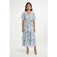 Wallis Women's Petite Floral Print Ruffle MAXI Dress in Blue | Size: 12