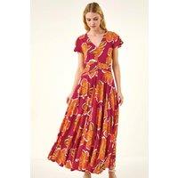 Roman Women's Floral Print Ruched Midi Dress in Fuchsia | Size: 18
