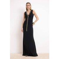 WOVCOR Women's Eyelet Detail V Neck Maxi Dress with Chain Hardware Trim in Black | Size: 8
