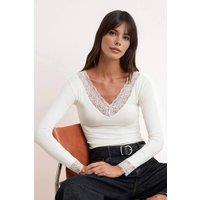 WOVCOR Women's V Neck Lace Detail Fitted Soft Knit Blouse with Long Sleeves in Ecru | Size: XS