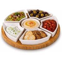 Oypla Rotating Bamboo Lazy Susan Snack Bowl Serving Platter with Ceramic Dishes in White