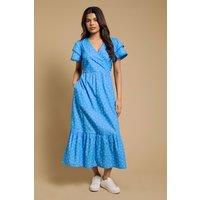 Dorothy Perkins Women's Petite Wrap Front Lace Detail Tiered Printed Maxi Dress in Blue | Size: 8