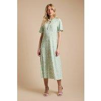 Dorothy Perkins Women's Tie Front Flutter Sleeve Printed Jersey Midi Dress in Green | Size: 10