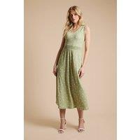 Dorothy Perkins Women's Green Spot V Neck Shirred Waist Printed Jersey Midi Dress | Size: 14
