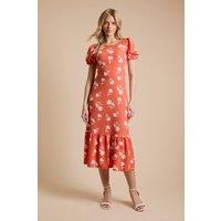 Dorothy Perkins Women's Daisy Frill Neck Puff Sleeve Printed Jersey Midi Dress in Red | Size: 16