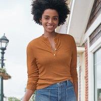 Lands' End Women's Ribbed Henley Top in Burnt Orange | Size: 10-12