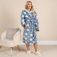 OHS Women's Teddy Dressing Gown Marl Heart Star Warm Soft Cosy Longewear Robe in Dark Navy
