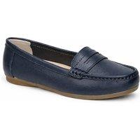 Down To Earth Women's Leather Classic Penny Loafers with Stitched Apron Detail in Dark Blue | Size: 6