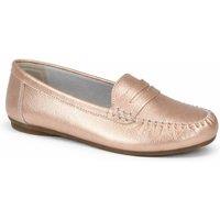 Down To Earth Women's Leather Classic Penny Loafers with Stitched Apron Detail in Rose Gold | Size: 7
