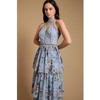 Oasis Women's Lace Tiered Halter Neck Midi Dress in Sky Blue | Size: 16