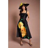 Coast Women's Lisa Tan Floral Placement Print Belted Midi Dress in Black | Size: 8