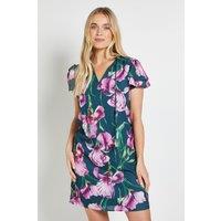 Wallis Women's Petite Floral Ruffle Neck Shift Dress in Green | Size: 8