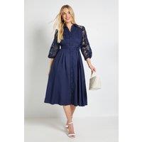 Wallis Women's Petite Cotton Lace Belted Shirt Dress in Navy | Size: 16