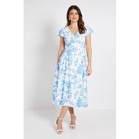 Wallis Women's Floral Ottoman Twill Belted Midi Dress in Blue | Size: 10