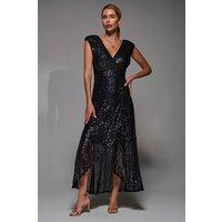 Jolie Moi Women's Sequin Asymmetric Ruffle Hem Maxi Dress in Metallics | Size: 8
