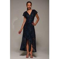 Jolie Moi Women's Frill Short Sleeve Sequin Maxi Dress in Dark Navy | Size: 8