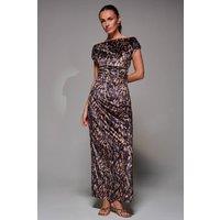 Jolie Moi Women's Printed Velvet Draped Maxi Dress in Brown | Size: 16