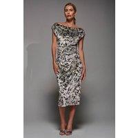 Jolie Moi Women's Velvet Print Ruched Bodycon Dress in Beige | Size: 14