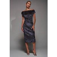 Jolie Moi Women's Velvet Print Ruched Bodycon Dress in Black | Size: 8