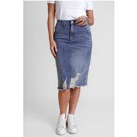 Enorsia Women's Distressed Knee Length Denim Skirt in Mid Blue | Size: 18