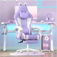 Gartistgo Gaming Chair with Cat Ears, Massage Lumbar Support & Footrest in Lilac