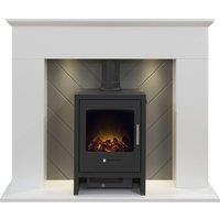Adam Fires & Fireplaces Adam Corinth Stove Fireplace in Pure White & Grey with Downlights & Bergen Electric Stove in Charcoal Grey, 48 Inch